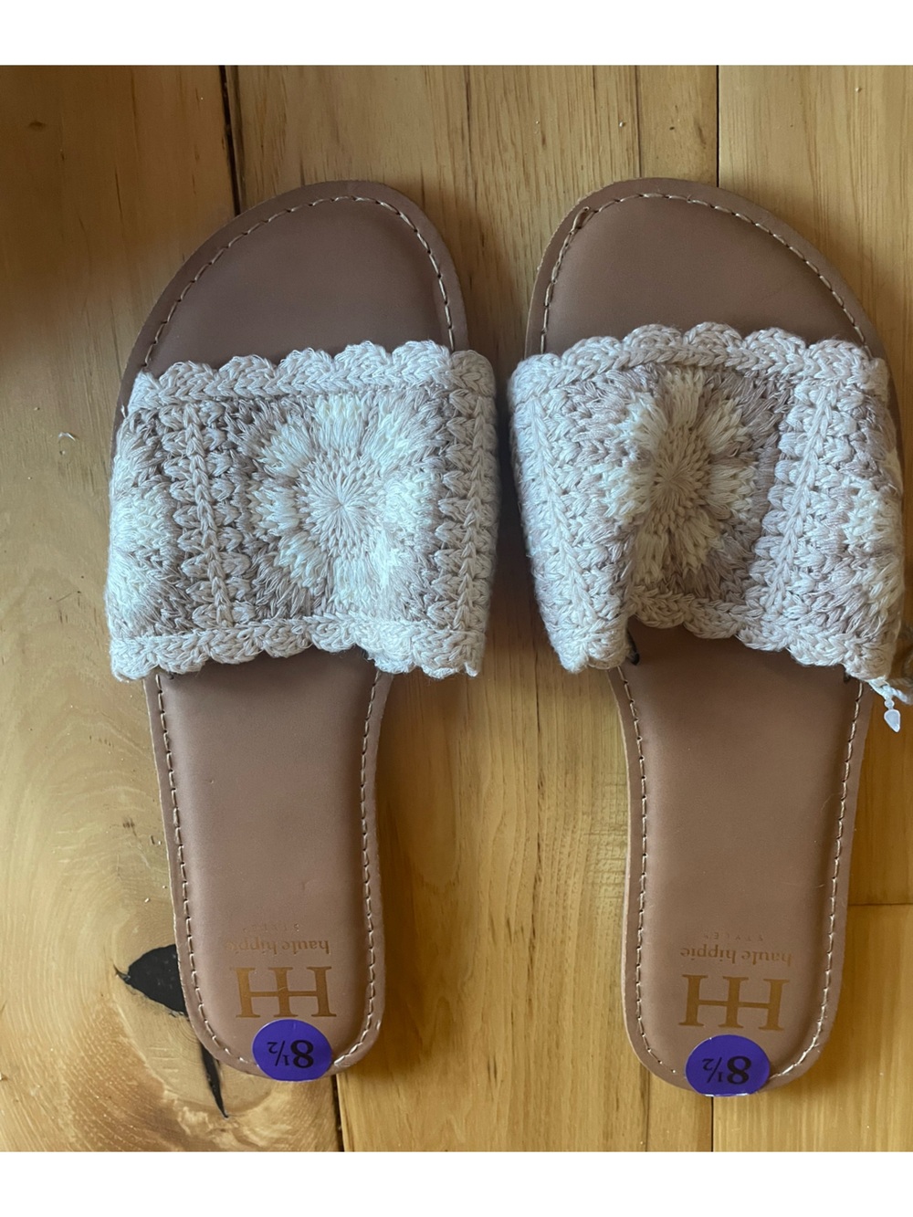 Haute Hippie Cream Crochet Slide Sandals with Tan Footbed